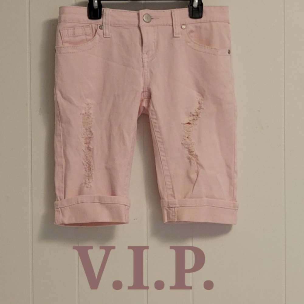 V.I.P Pink Distressed Bermuda Cuffed Demin Jean Shorts. Sz: 7